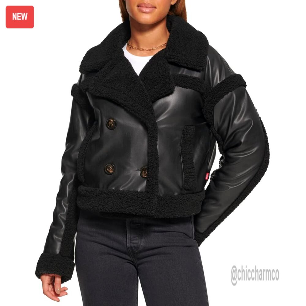 Sherpa Lined Cropped Moto Jacket Vegan Leather
